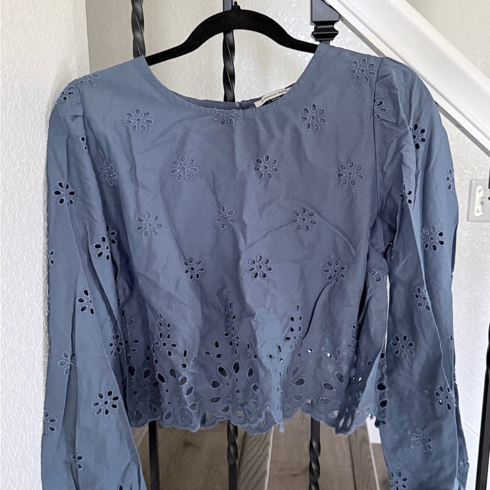 American Eagle Outfitters Blue Eyelet Blouse